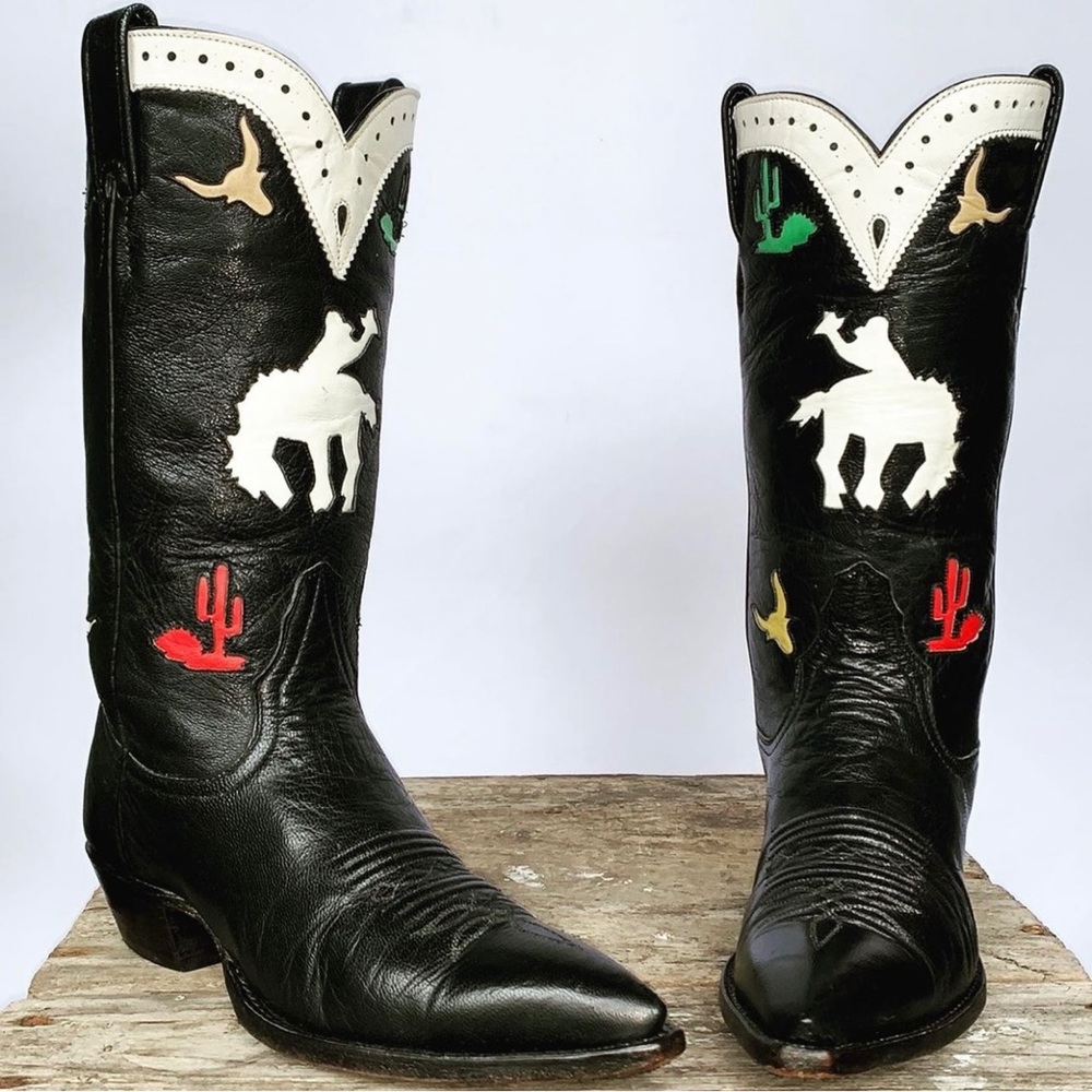 SOLD LARRY MAHAN Vintage Rodeo Cactus Black Cowgirl Cowboy Western Boots 7 - Picture 3 of 7